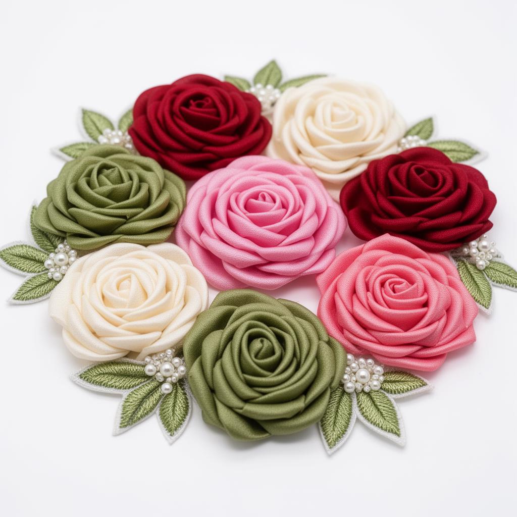 Handmade satin fabric roses in assorted colors with pearl accents