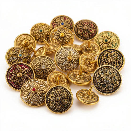 Decorative golden metallic fancy buttons with floral engravings