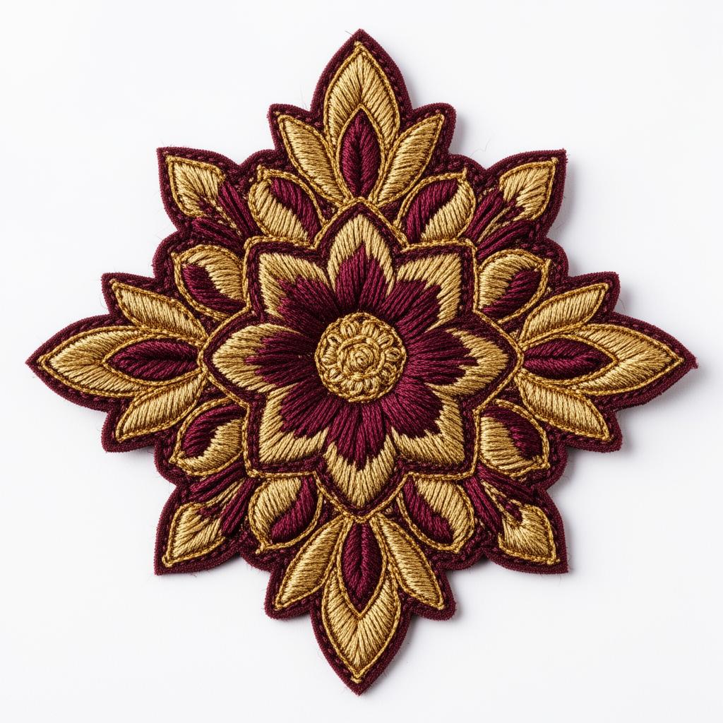 Embroidered floral motif patch in maroon and gold thread work