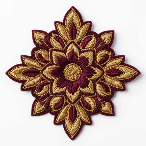 Embroidered floral motif patch in maroon and gold thread work