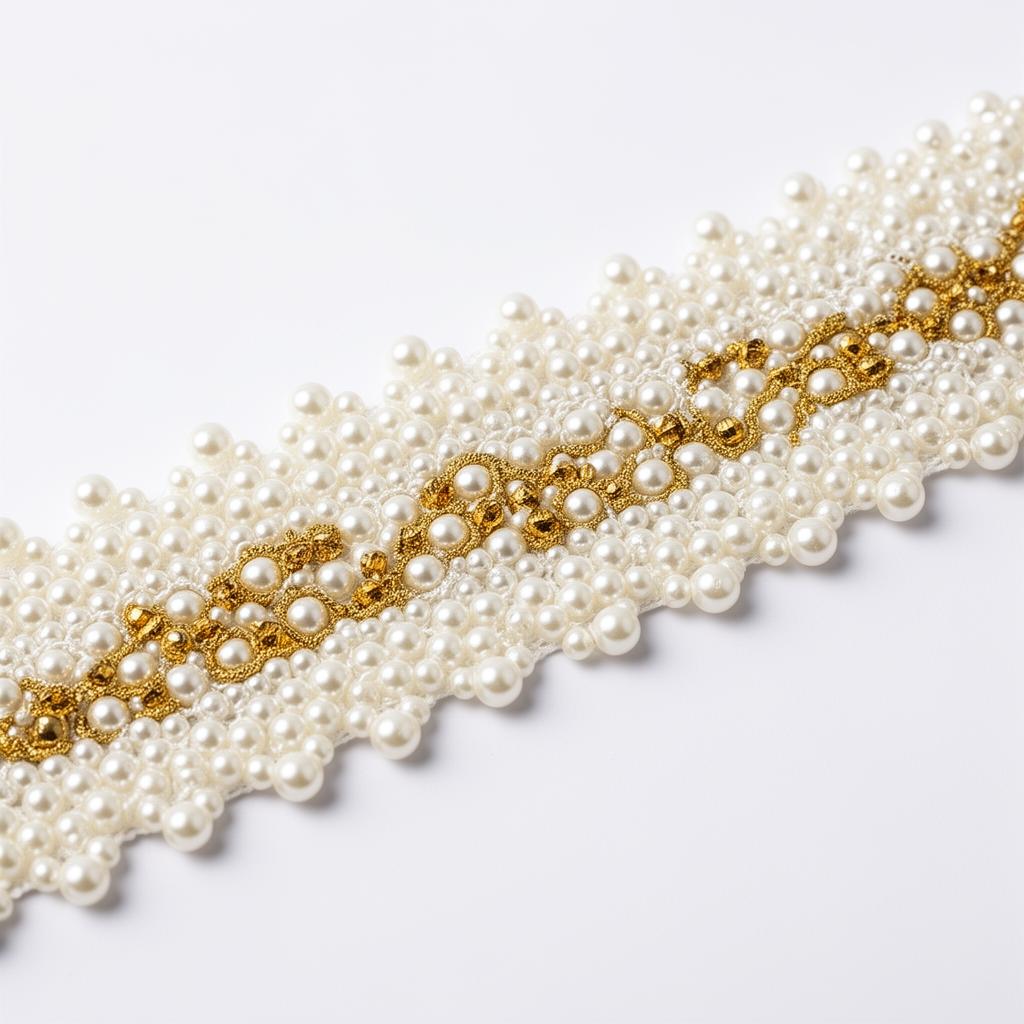 Pearl string beaded trim with gold thread accents for bridal wear