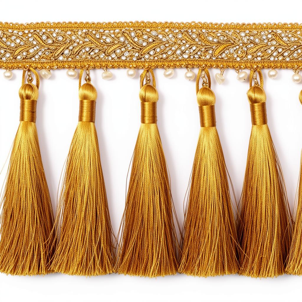 Premium golden silk tussels with pearl and embroidered band trim