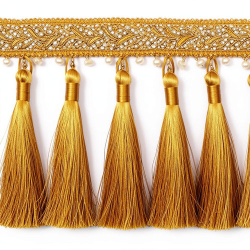 Premium golden silk tussels with pearl and embroidered band trim